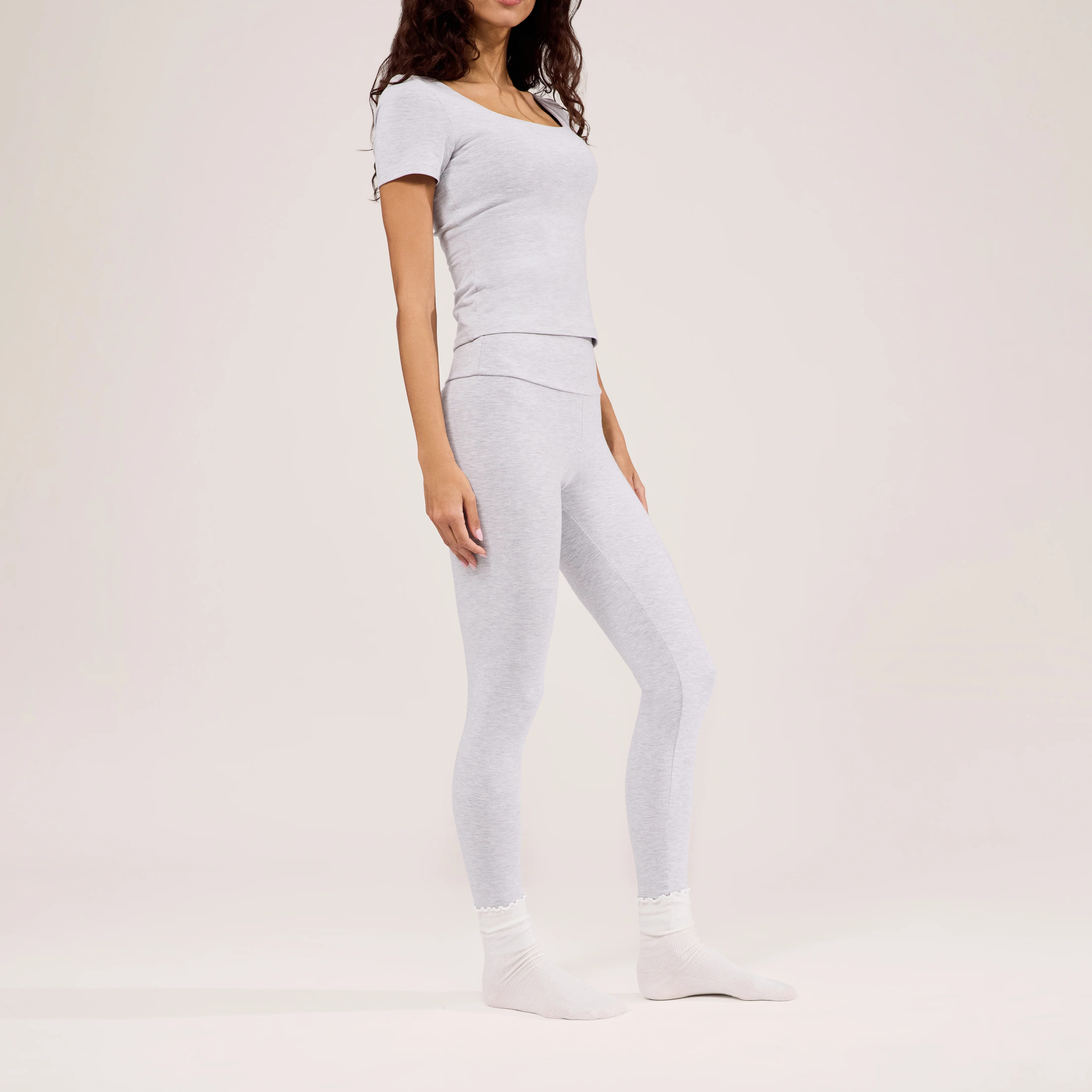 Lightweight Everyday High Waisted Leggings - Light Grey Marl - Image 5