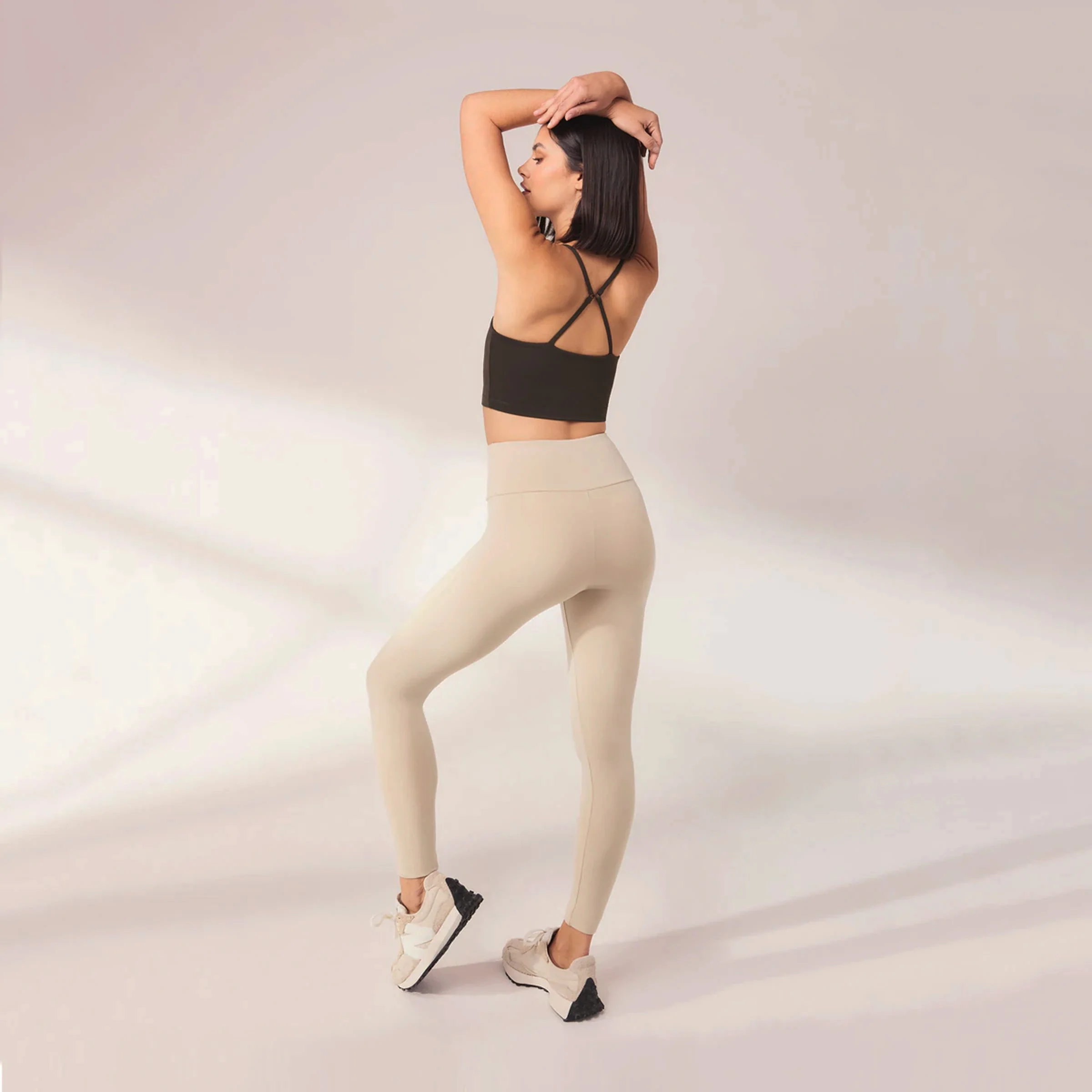 Lightweight Everyday High Waisted Leggings - Natural Beige - Image 3